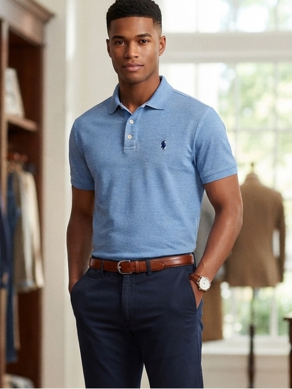 POLO Ralph Lauren Men's Weathered Light Blue Classic Fit Polo Shirt - Size L